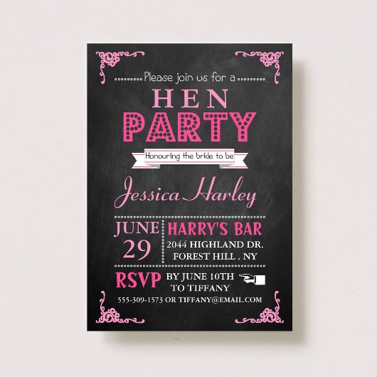 Invitation Typographie rose Chalkboard Hen Party