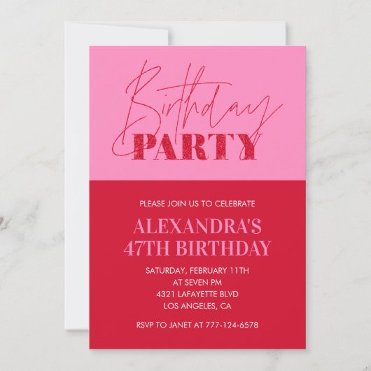 Invitation Typographie rose chic moderne pour une fête d'anni (Devant)