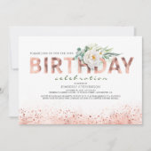Invitation Typographie Rose de l'or et fleurs blanches Annive (Devant)