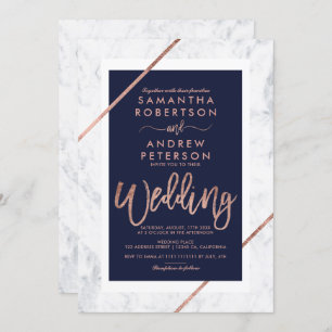 Invitation typographie Rose de l'or mariage de marine en marb