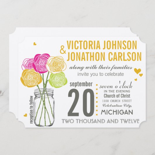 Invitation Typographie rose et jaune Mariage moderne (Devant / Derrière)