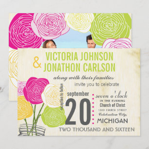 Invitation Typographie rose et verte du Rose Photo sur le dos