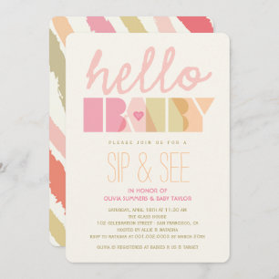 Invitation Typographie rose Girl Sip & See Hello Baby shower