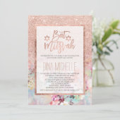 Invitation Typographie rose or floral aquarelle Bat mitzvah (Debout devant)