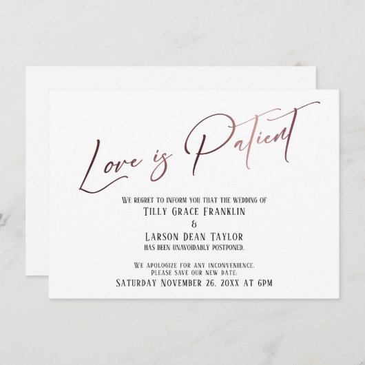 Invitation Typographie rose Or L'amour est Patient Mariage Re (Devant / Derrière)