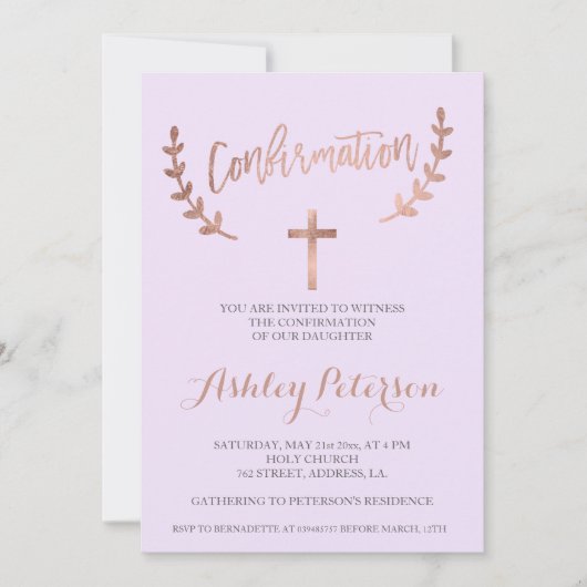 Invitation typographie rose or lavande confirmation (Devant)