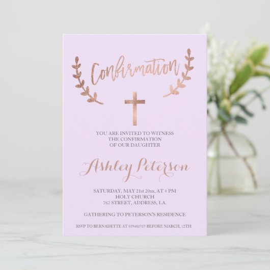 Invitation typographie rose or lavande confirmation (Debout devant)
