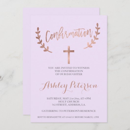 Invitation typographie rose or lavande confirmation (Devant / Derrière)