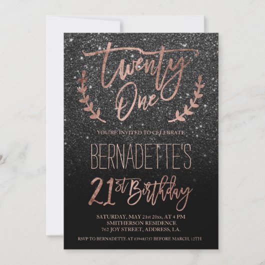 Invitation Typographie rose or parties scintillant noire 21e (Devant)
