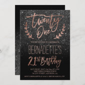 Invitation Typographie rose or parties scintillant noire 21e  (Devant / Derrière)