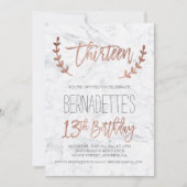 Invitation Typographie rose or plumes marbre 13e anniversaire (Devant)