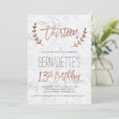 Invitation Typographie rose or plumes marbre 13e anniversaire (Debout devant)