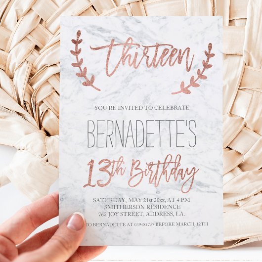 Invitation Typographie rose or plumes marbre 13e anniversaire