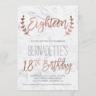 Invitation Typographie rose or plumes marbre 18e anniversaire