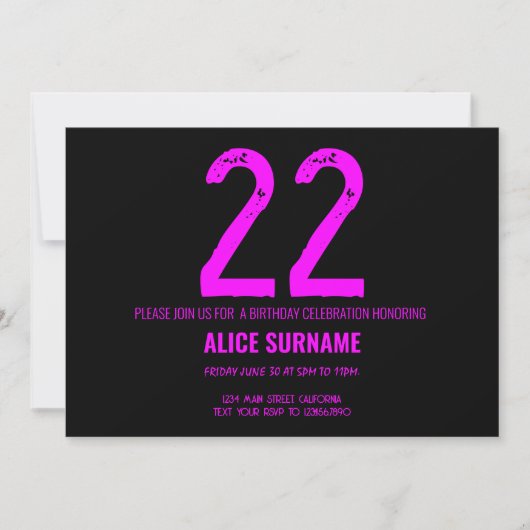 Invitation Typographie rose simple pour 22e anniversaire  (Devant)
