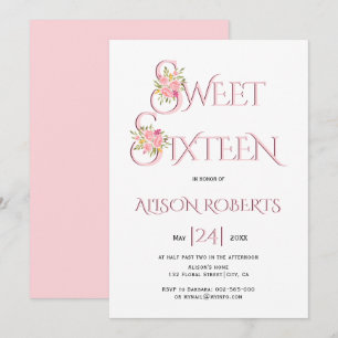 Invitation Typographie rose vif, roses roses sweet sixteen