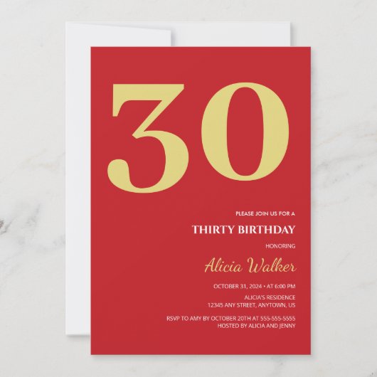 Invitation Typographie rouge minimale de l'or Anniversaire (Devant)