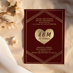 Invitation Typographie rustique or coeur bordeaux mariage
