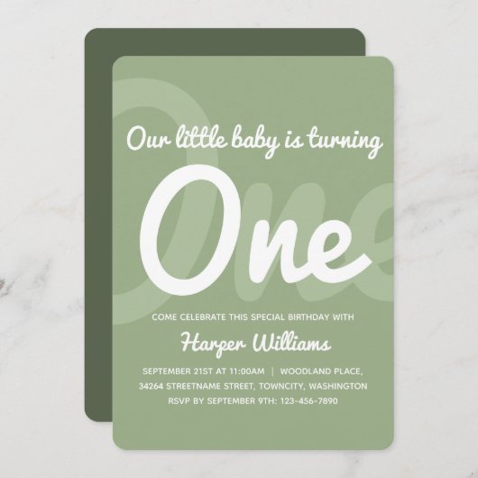 Invitation Typographie Sage One Baby 1er anniversaire Invitat (Devant / Derrière)