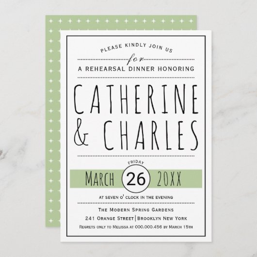 Invitation Typographie sauge vert mariage répétition dîner (Devant / Derrière)