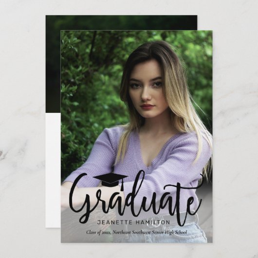 Invitation Typographie Script avant/arrière Diplôme photo Inv (Devant / Derrière)