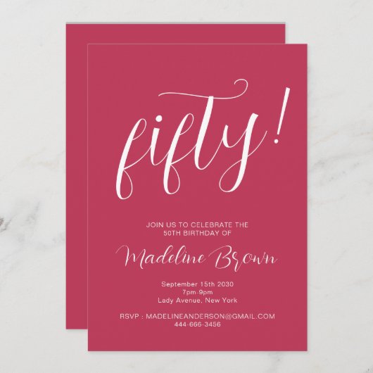 Invitation Typographie Script Magenta 50e anniversaire (Devant / Derrière)