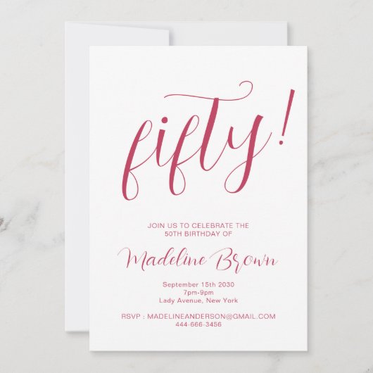 Invitation Typographie Script Magenta 50e anniversaire (Devant)