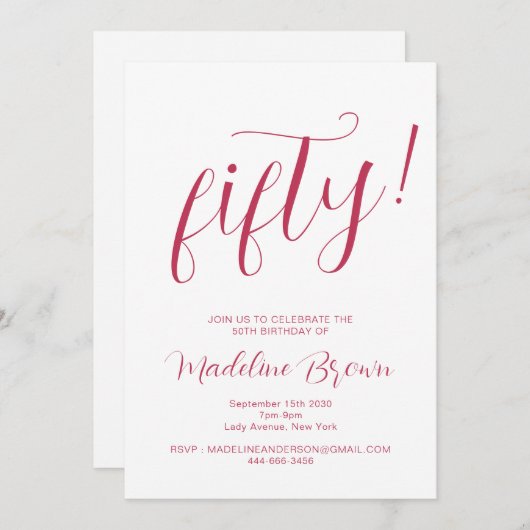 Invitation Typographie Script Magenta 50e anniversaire (Devant / Derrière)