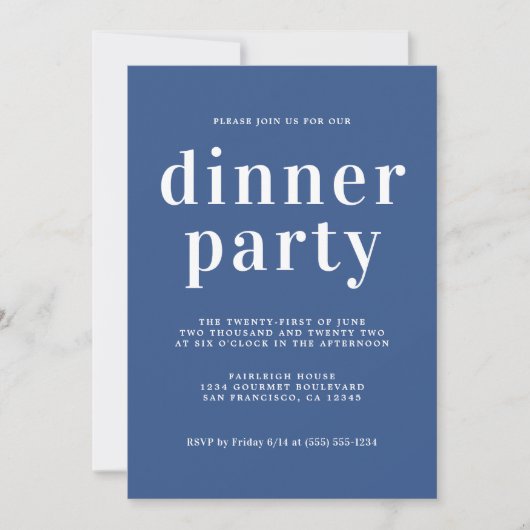Invitation Typographie Simple Chic Classic Blue Dinner Party (Devant)