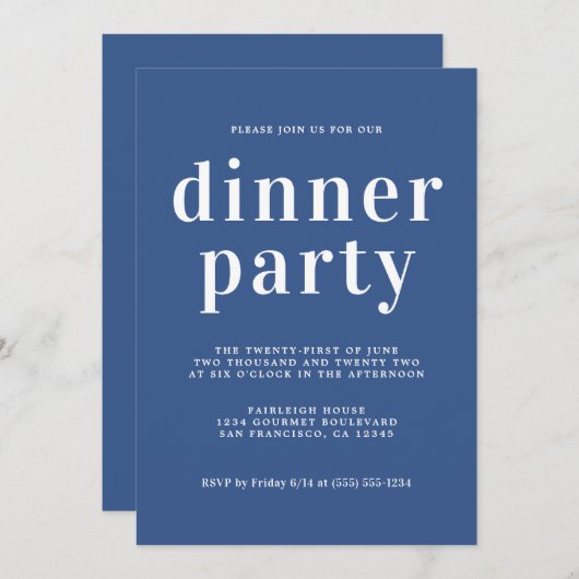 Invitation Typographie Simple Chic Classic Blue Dinner Party (Devant / Derrière)