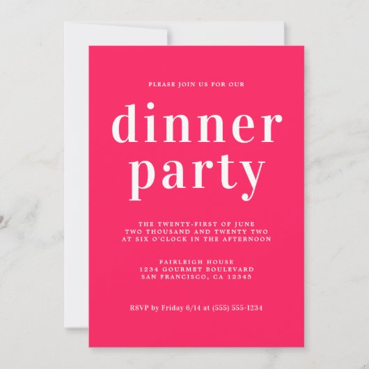 Invitation Typographie Simple Chic Diva Dîner Rose (Devant)