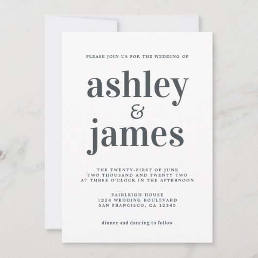 Invitation Typographie simple chic Mariage noir blanc (Devant)