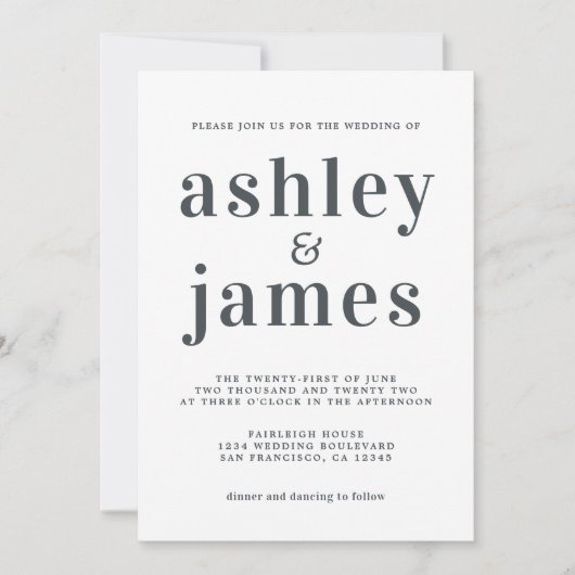 Invitation Typographie simple chic Mariage noir blanc (Devant)