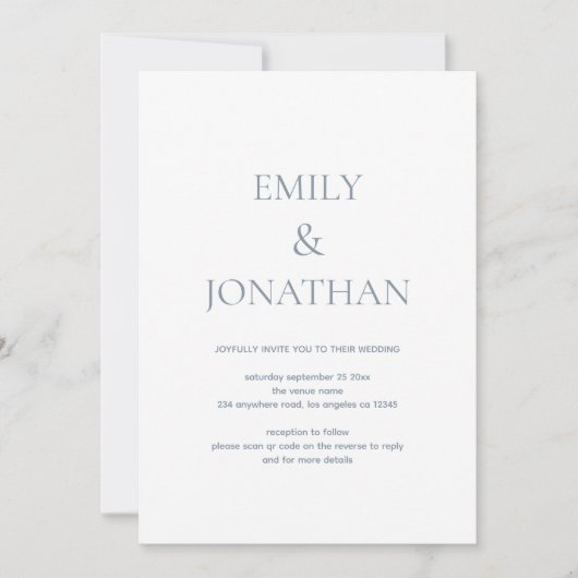 Invitation Typographie simple Dusty Blue QR code Mariage (Devant)