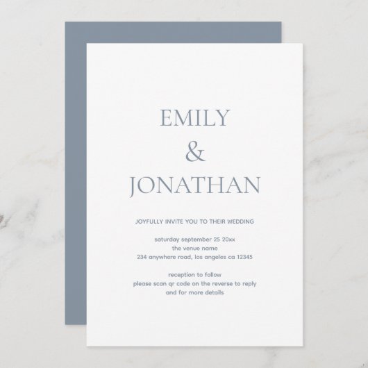 Invitation Typographie simple Dusty Blue QR code Mariage (Devant / Derrière)