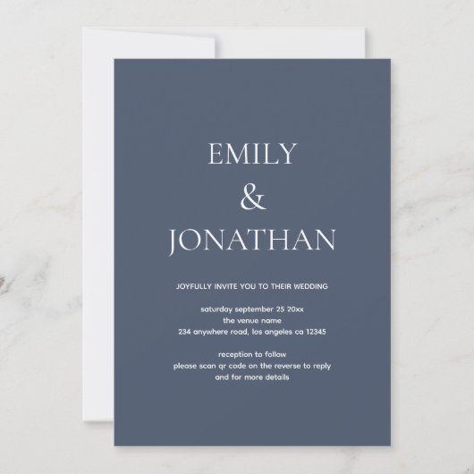Invitation Typographie simple Dusty Navy Code QR Mariage (Devant)