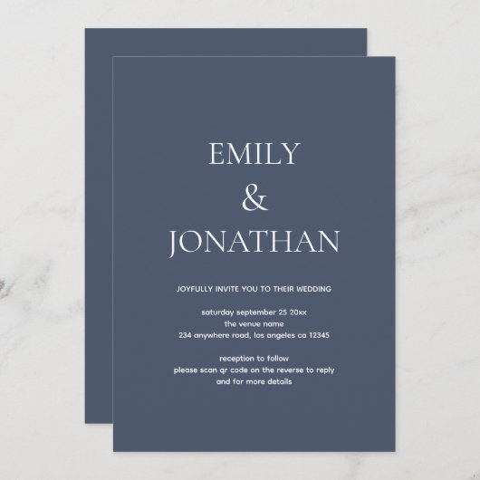Invitation Typographie simple Dusty Navy Code QR Mariage (Devant / Derrière)