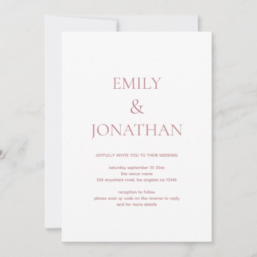 Invitation Typographie simple Dusty Rose Mariage de code QR (Devant)
