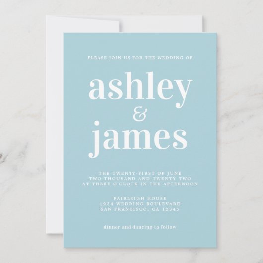Invitation Typographie simple et chic Mariage bleu brillant (Devant)