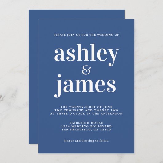 Invitation Typographie simple et chic Mariage bleu classique (Devant / Derrière)