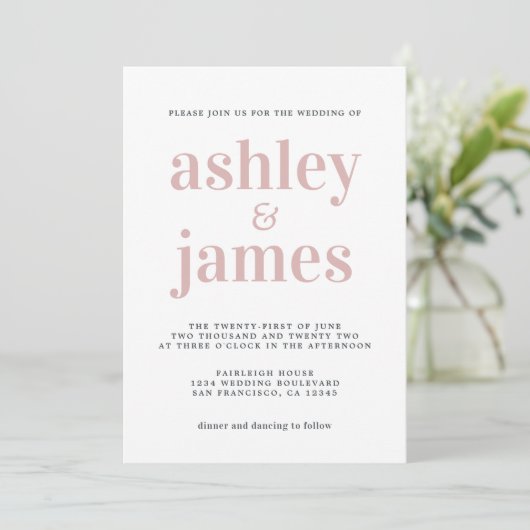 Invitation Typographie simple et chic Mariage rose argent (Debout devant)