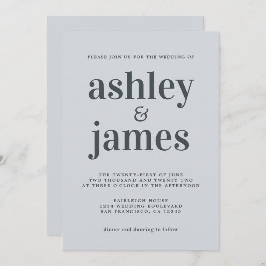 Invitation Typographie simple et chic Pastel Mariage bleu (Devant / Derrière)