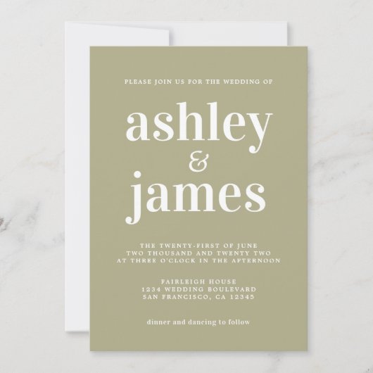Invitation Typographie simple et chic Sage Mariage vert (Devant)