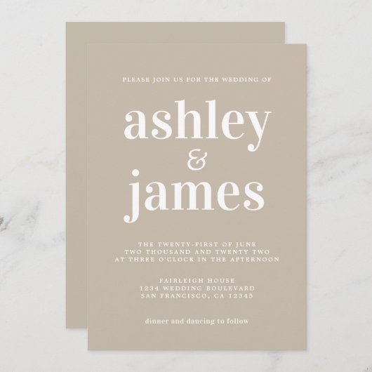 Invitation Typographie simple et chic Shiitake Grey Mariage (Devant / Derrière)