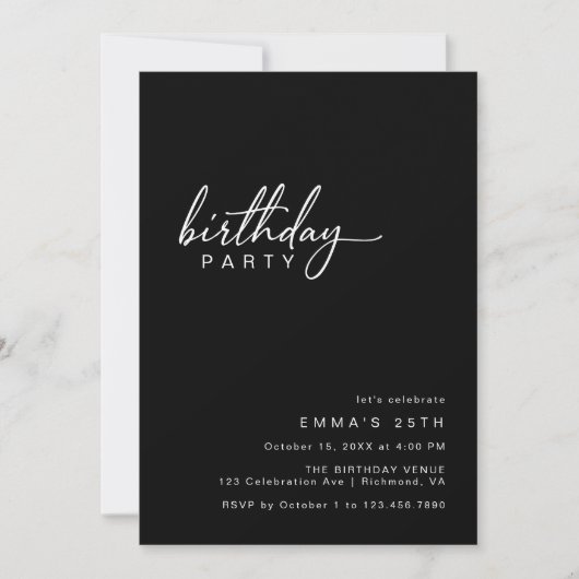 Invitation Typographie simple | Fête d'Anniversaire Noir mode (Devant)