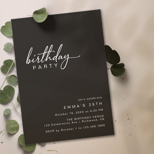 Invitation Typographie simple | Fête d'Anniversaire Noir mode