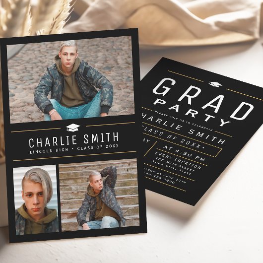 Invitation Typographie simple moderne 3 Photo Graduation Part