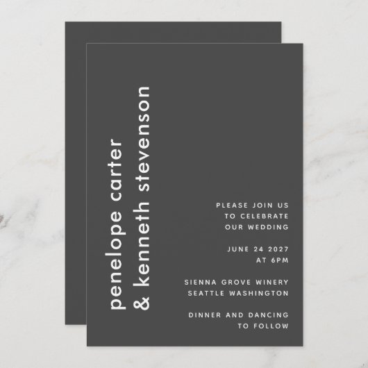 Invitation Typographie simple moderne | Mariage noir et blanc (Devant / Derrière)