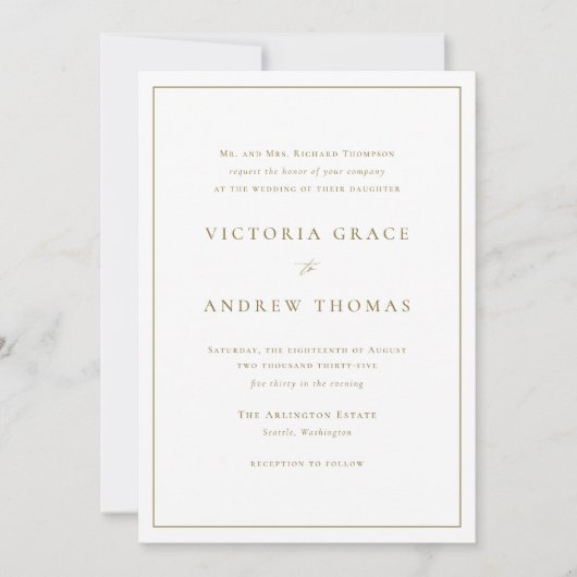 Invitation Typographie simple or et blanc Mariage formel (Devant)