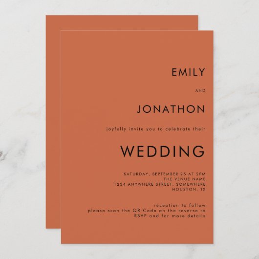 Invitation Typographie simple Terracotta QR Code Mariage (Devant / Derrière)